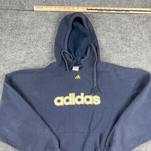 Adidas Hoodie Mens XL Navy Blue Yellow Logo Pullover Fleece Long Sleeve